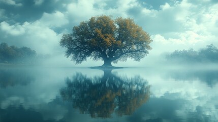 Lone tree reflected in still waters