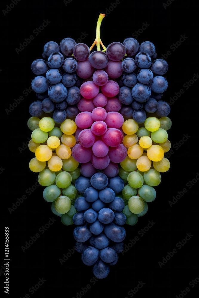 Poster a vibrant image of grapes in various stages of ripeness, arranged to show the transition from green 