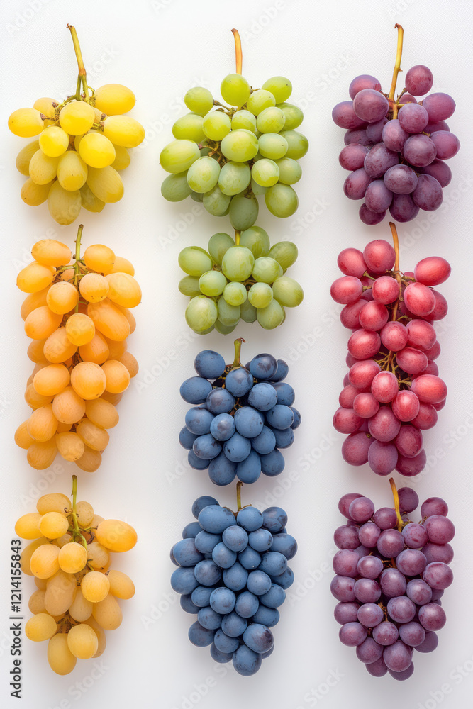 Poster a vibrant image of grapes in various stages of ripeness, arranged to show the transition from green 