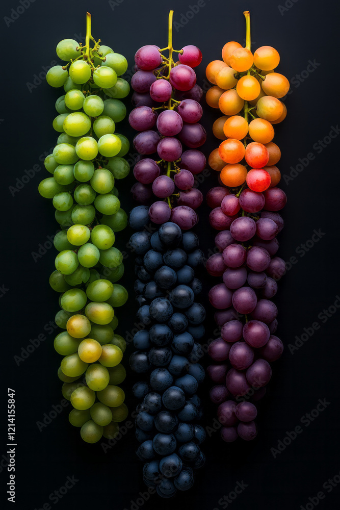Poster a vibrant image of grapes in various stages of ripeness, arranged to show the transition from green 