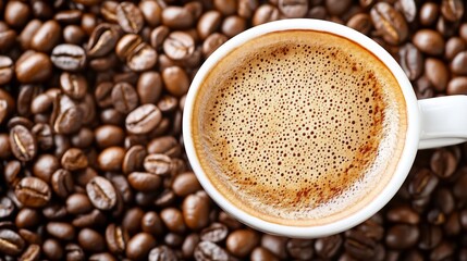 Fototapeta premium CloseUp of White Coffee Cup Surrounded by Roasted Coffee Beans : Generative AI
