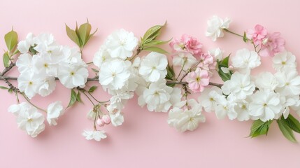 Obraz premium A branch displaying a variety of white and pink cherry blossoms showcases spring's arrival with refreshing beauty