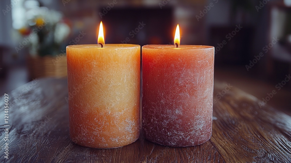 Poster two sparkling candles casting a warm glow on a rustic wooden table, creating a cozy and intimate atm