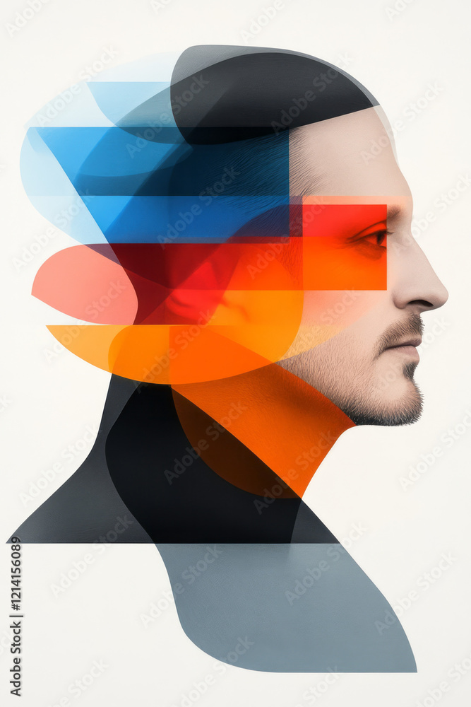 Poster An abstract portrait of a person with multiple, overlapping faces and vivid colors, representing the fragmented and vivid nature of hallucinations,