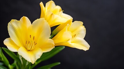 Fototapeta premium Elegant yellow lilies blossoming against a dark background highlighting their delicate petals : Generative AI