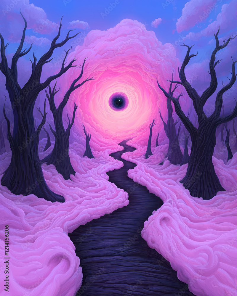 Poster a vibrant illustration of a forest where trees have eyes and animated expressions, blending reality 
