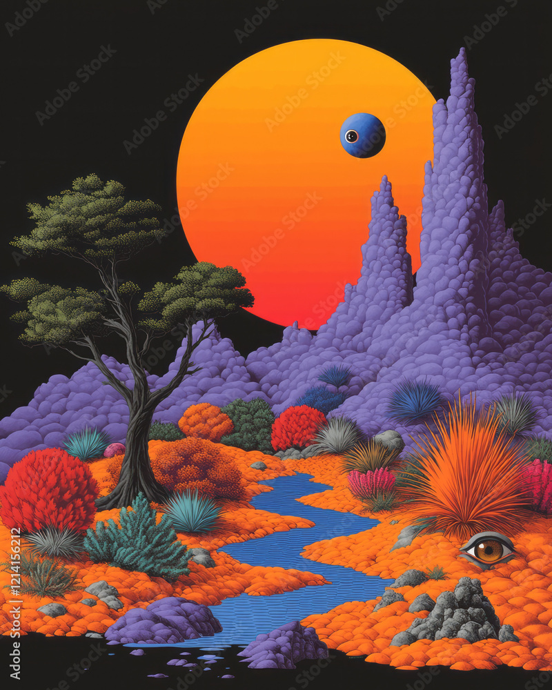 Poster a vibrant illustration of a forest where trees have eyes and animated expressions, blending reality 