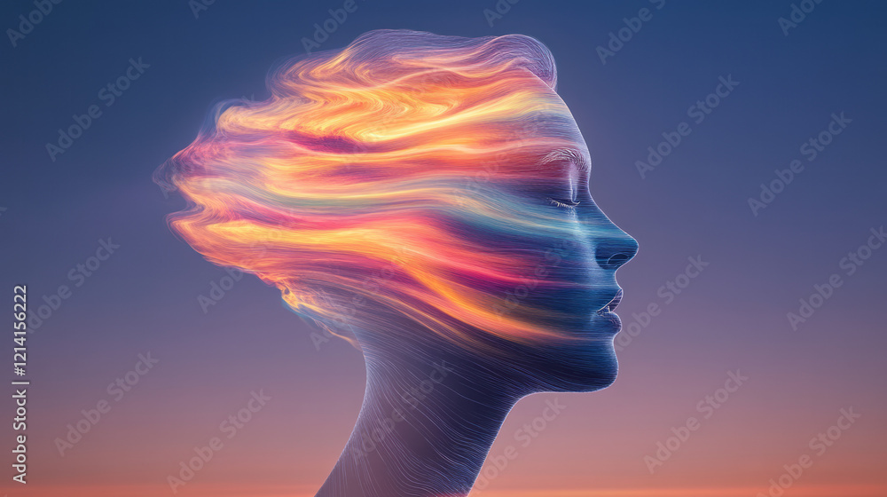 Aufkleber an ethereal image of a person surrounded by translucent, colorful swirls and light trails, represent