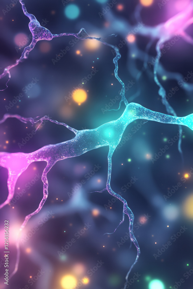 Poster An abstract representation of the mind with interconnected neural pathways illuminated by vibrant, shifting colors, symbolizing the neural basis of hallucinations,