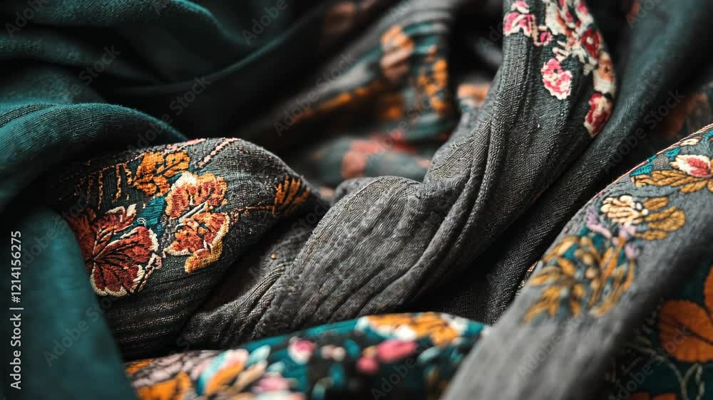 Poster elegant fabric with intricate floral patterns displayed in soft folds in a warm indoor setting