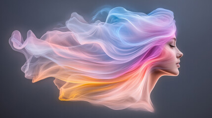 Obraz premium An ethereal image of a person surrounded by translucent, colorful swirls and light trails, representing the sensory overload associated with hallucinations,