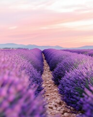 Obraz premium Rows of lush lavender bloom under a colorful sunset sky in Provence, creating a tranquil and picturesque landscape