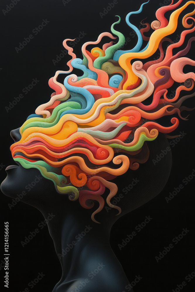 Aufkleber A dream-like image of a person with their head open, releasing a cascade of colorful, abstract shapes and patterns, representing the flow of hallucinations,