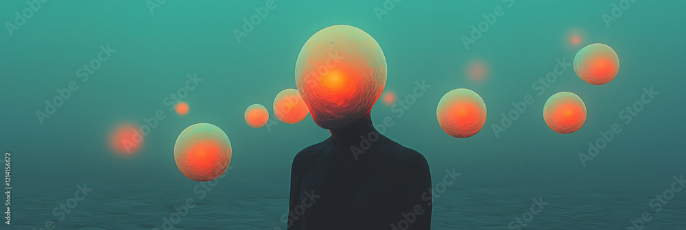 Poster a captivating artwork of a person surrounded by glowing, translucent orbs and shifting patterns, rep