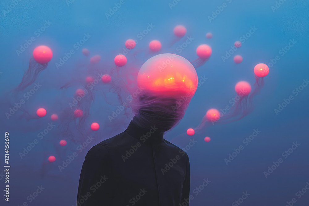 Poster a captivating artwork of a person surrounded by glowing, translucent orbs and shifting patterns, rep