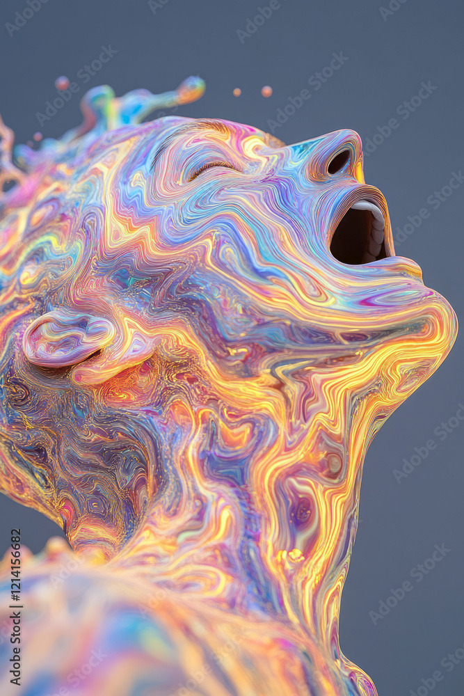 Poster a dream-like image of a person with their head open, releasing a cascade of colorful, abstract shape