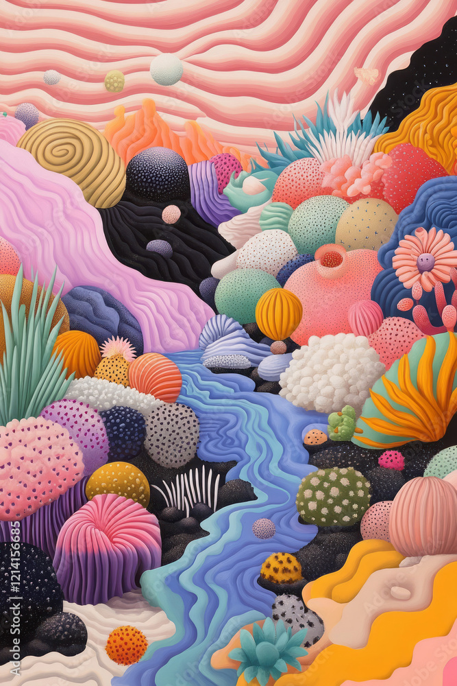 Aufkleber A vibrant digital collage combining elements of nature and abstract art, creating a visually striking representation of hallucinations blending with reality,