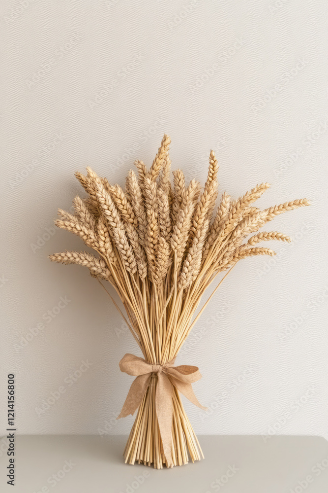 Aufkleber A creative studio setup featuring a bundle of fresh wheat tied with a rustic ribbon, placed on a modern geometric table with a neutral backdrop,