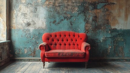 Vintage red armchair in a rustic room