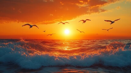 Golden sunset over crashing ocean waves