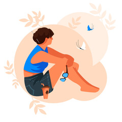 woman sitting. vector image of girl. woman drinking coffee. person on vacation