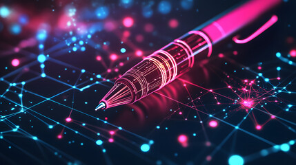
A glowing pen and notebook surrounded by icons for blogs, articles, and SEO optimization