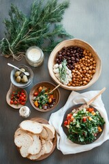 Dynamic Egyptian breakfast spread featuring hearty ful and colorful vegetables