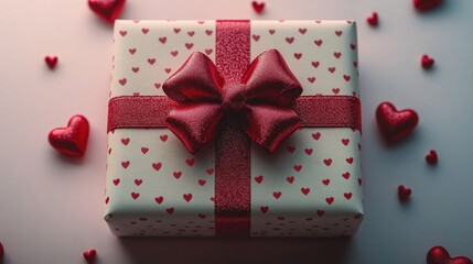 The gift box for Valentines Day with hearts patterned paper and ribbon on white background