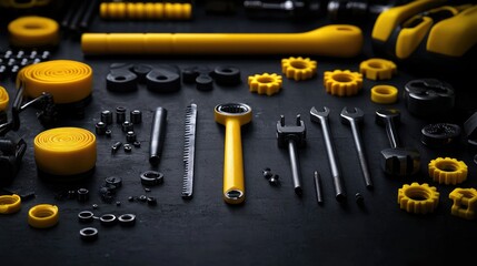Fototapeta premium Flat lay of tools and parts on dark surface, workshop background, mechanical industry