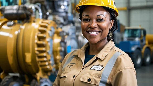 A woman heavy machinery operator smiles proudly as she completes a project involving high-capacity compressors, achieving outstanding results