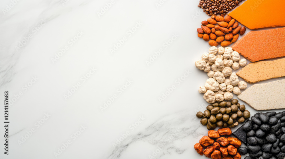 Aufkleber An elegant flat lay image of assorted grains and seeds arranged in geometric patterns on a marble countertop, creating a visually appealing and organized layout,