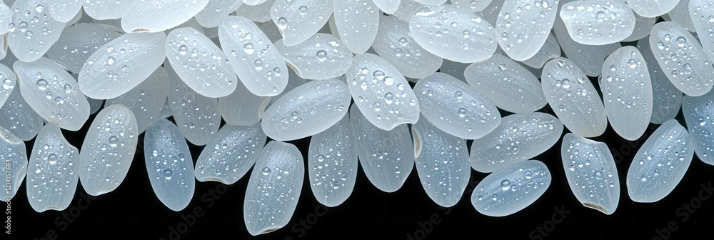 Aufkleber a detailed macro photograph of rice grains with water droplets, emphasizing their smooth surfaces an