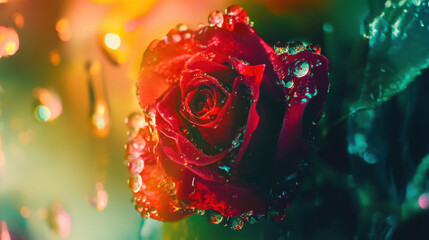 A hyper-detailed shot of a blooming rose covered in raindrops, vibrant crimson petals, a soft blurred green background
