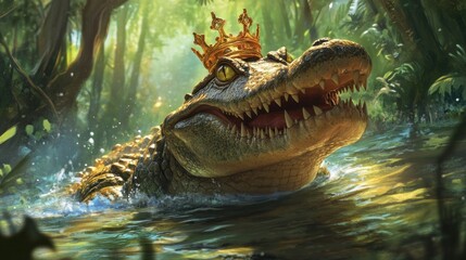 A crowned alligator emerges from swamp water in a lush jungle.