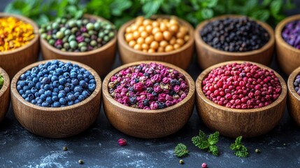 Colorful spice bowls arranged in a flat lay
