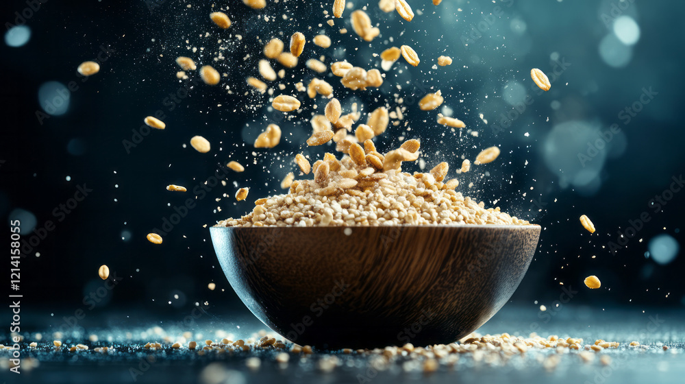 Aufkleber A dynamic action shot of grains being poured from a measuring cup into a mixing bowl, capturing the movement and flow of the process,