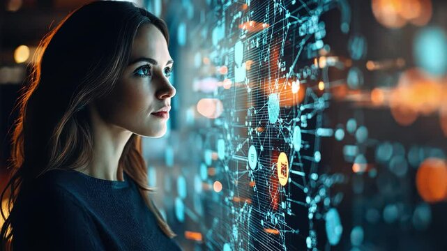 A woman logistics expert discusses innovations in smart logistics and Industry 4.0, optimizing transportation networks with AI
