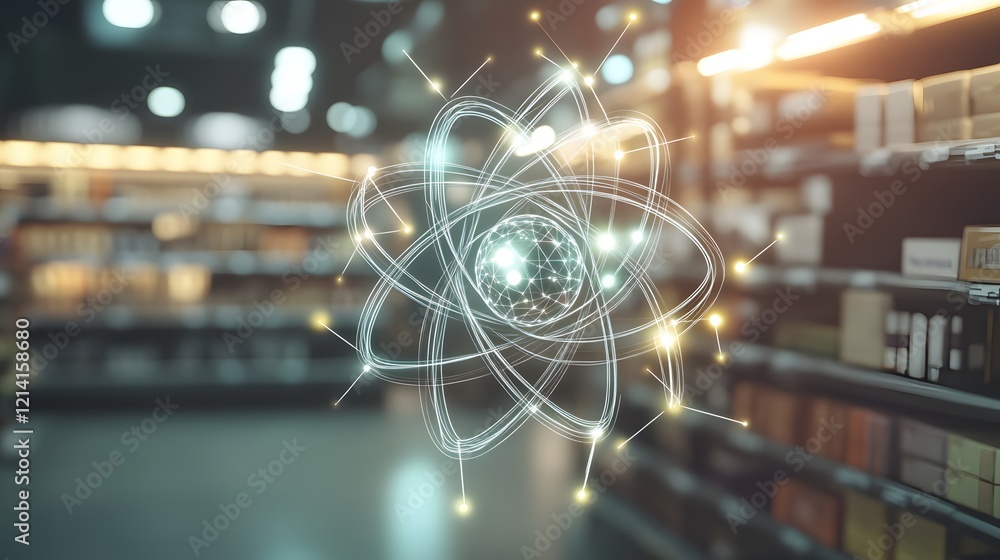Poster atomic structure model in a blurred retail setting