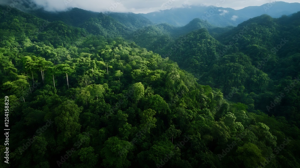 Aufkleber lush green jungle mountains with dense vegetation under moody clouds : generative ai