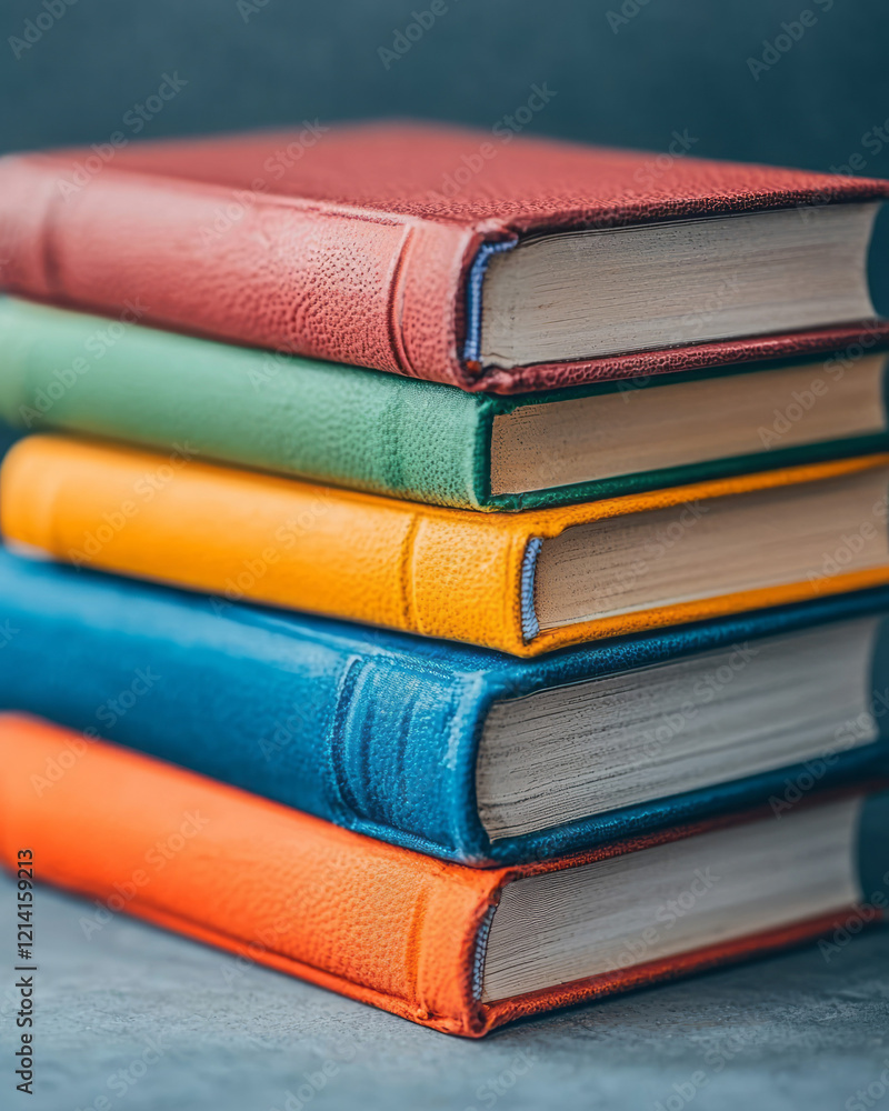 Poster a detailed macro photograph of a stack of hardcover books with varied colors and textures, arranged 