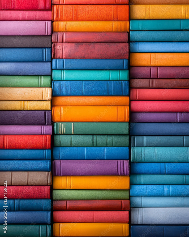 Leinwandbilder a detailed macro photograph of a stack of hardcover books with varied colors and textures, arranged 