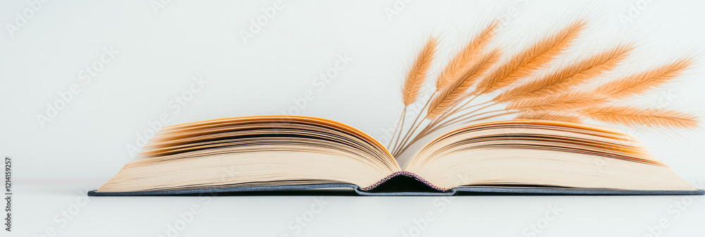 Poster a minimalist close-up of a single open book with elegant typography, placed on a clean white surface