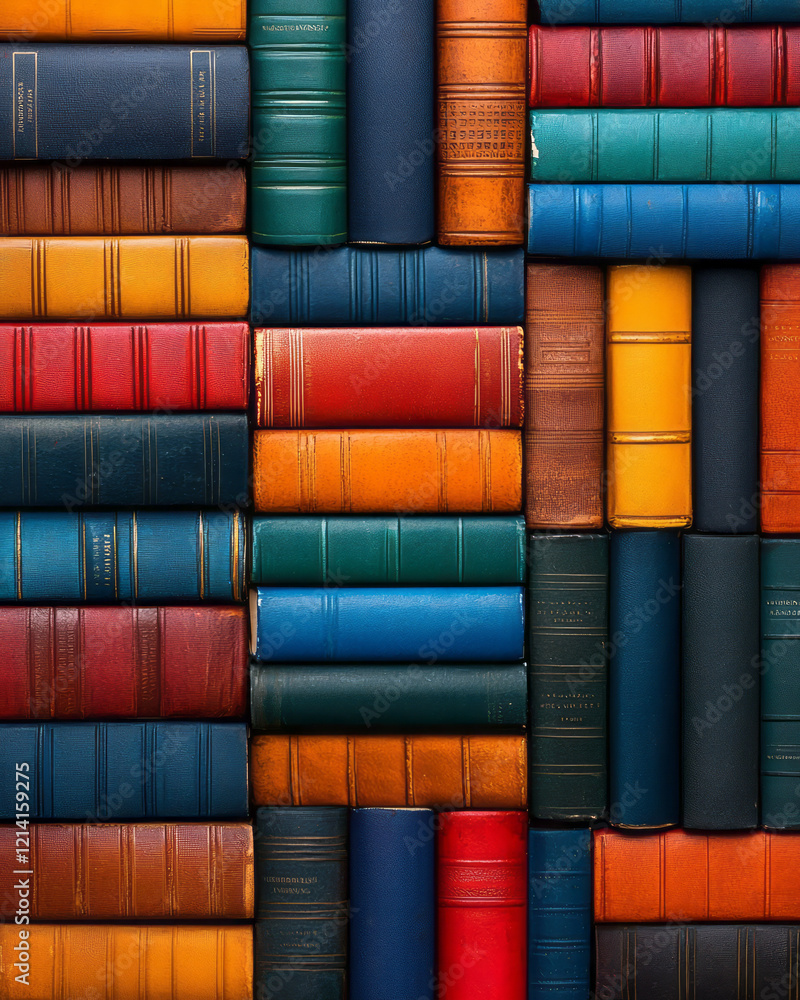 Leinwandbilder a detailed macro photograph of a stack of hardcover books with varied colors and textures, arranged 