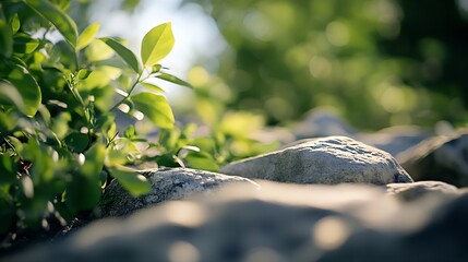 Serene Nature Background with Sunlit Leaves and Rocks in a Tranquil Outdoor Setting : Generative AI