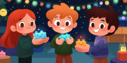 Fototapeta premium Children celebrating a festival enchanted garden digital illustration nighttime playful atmosphere