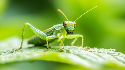 Detailed Closeup of Green Praying Mantis Staring on Leaf in Nature : Generative AI