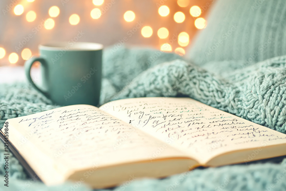 Poster a serene photograph of an open diary with elegant handwriting and delicate sketches, surrounded by s