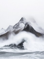 Fototapeta premium Stormy weather creates dramatic waves crashing against a misty, cloud-covered mountain in a remote location