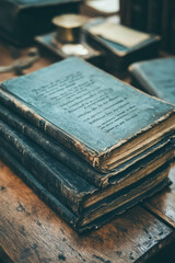 Fototapeta premium A creative close-up of a historical biography book with aged pages and sepia tones, placed on a vintage desk with antique accessories in the background,