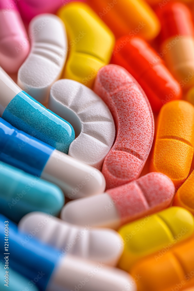 Poster An elegant macro shot of assorted prescription pills arranged in a circular pattern, creating a visually appealing and balanced composition with a blurred background,